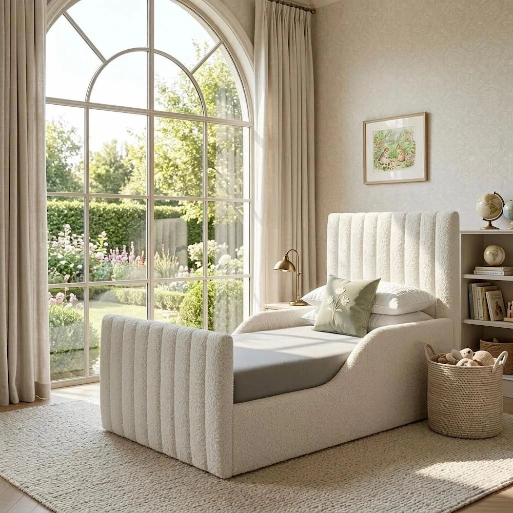 Rest Aura Julian kids bed in boucle cream (built in safety side panels)