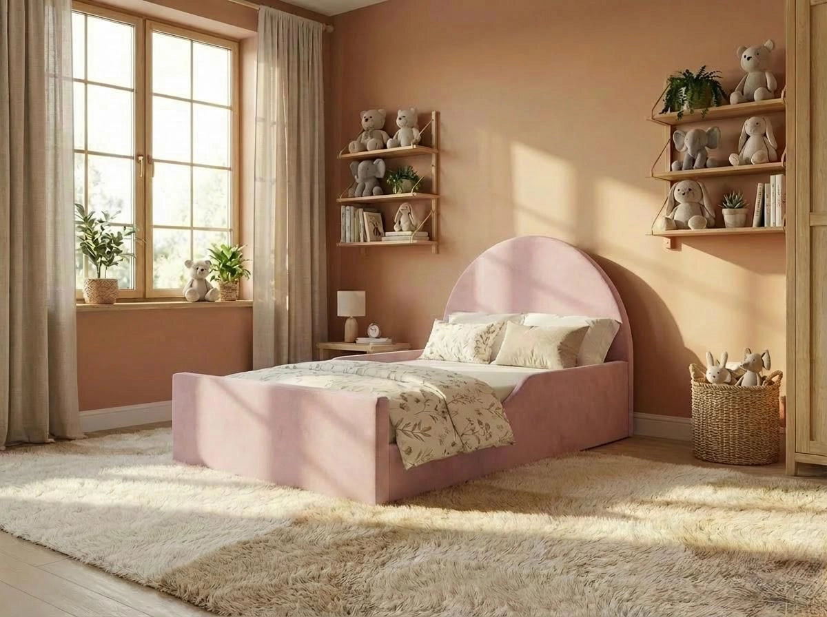 Rest Aura Moon kids bed in Plush Pink (built in safety side panels)