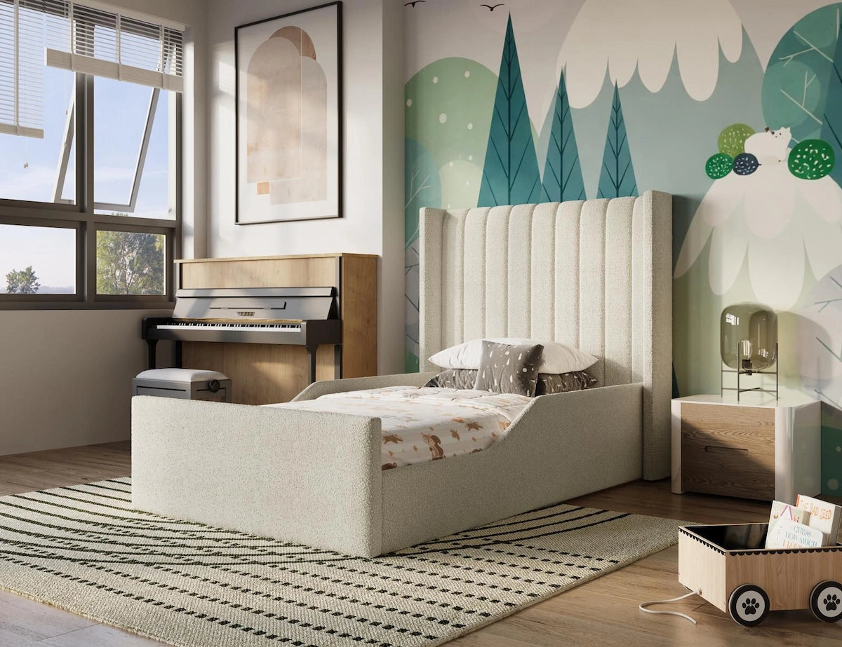 Rest Aura Noah kids bed in boucle cream with wingback headboard (built in safety side panels)