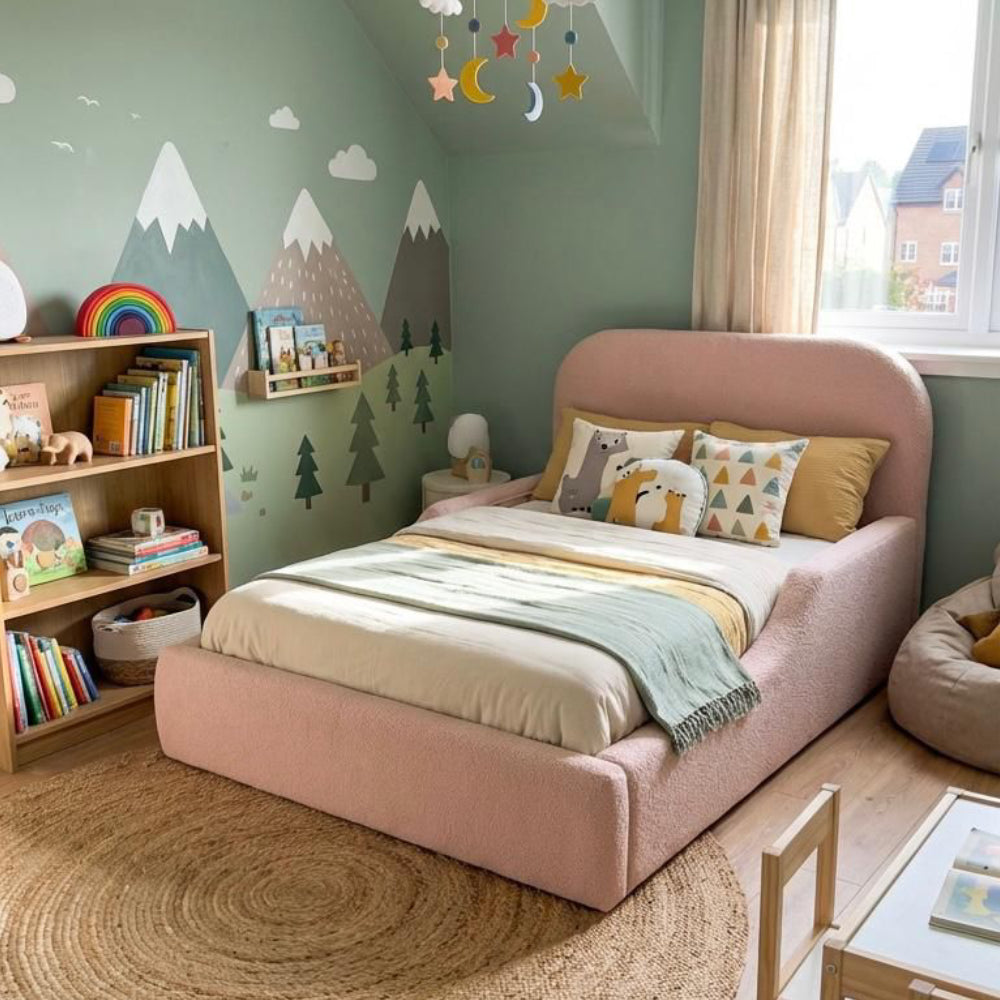 Rest Aura luna kids bed  in boucle pink (built in safety side panels)