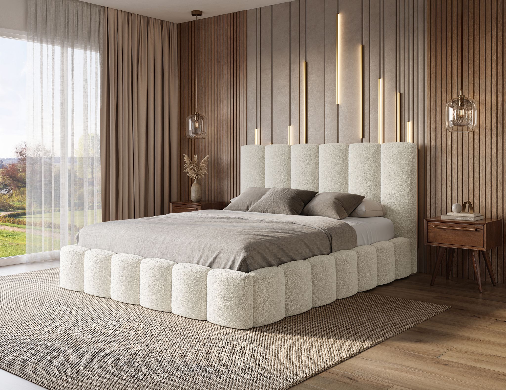 The Bespoke Cloud Panelled Cream Teddy Boucle Bed